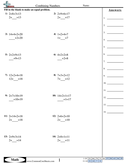 Addition Worksheets - Combining Numbers worksheet